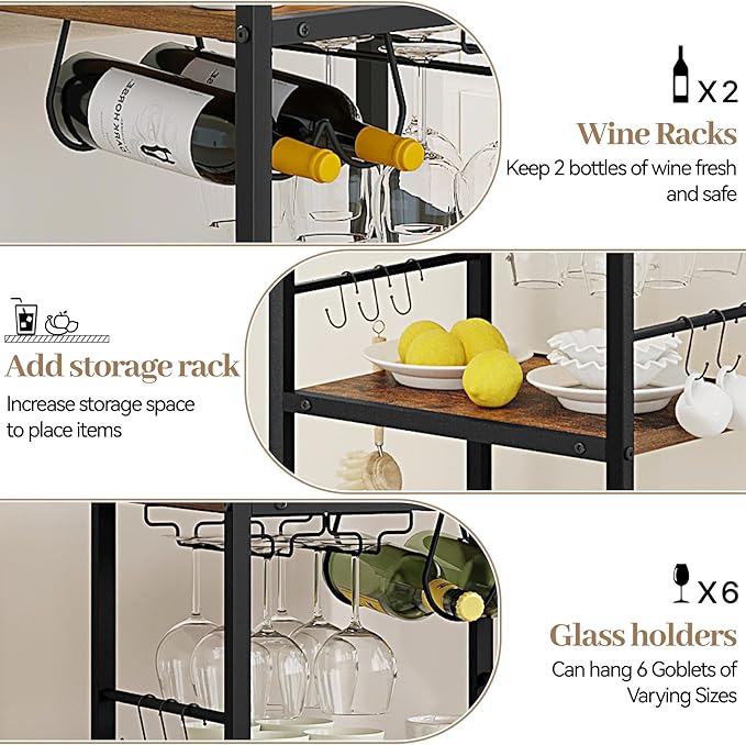 Bar Cart for The Home, 3 Tier Kitchen Carts with Wheels, Small Rolling Cart with Glass Holders, Wine Rack, Mini Bar Cart for Kitchen, Dining room, Living Room, 13.0"D x 17.0"W x 33.8"H, Rustic Brown