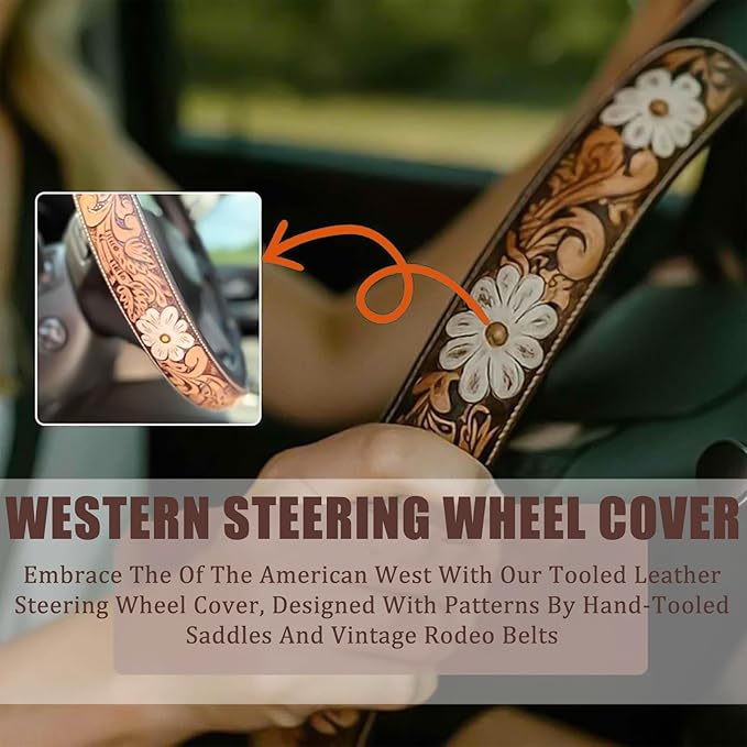 Retro Western Cowboy Car Universal Steering Wheel Cover, Embossed Handcrafted Tooled Leather Western,Anti Slip, Auto Interiors Accessories,Breathable for Trucks SUVs Cars (A)