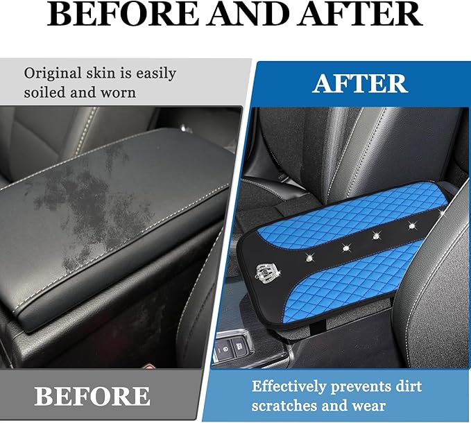Bling Crown Car Center Console Cover, 12.7"×7.7" Armrest Cover for Cars, Waterproof Leather Arm Rest Box Pad Cushion, Universal Middle Console Cover Protector, Car Accessories (Blue)
