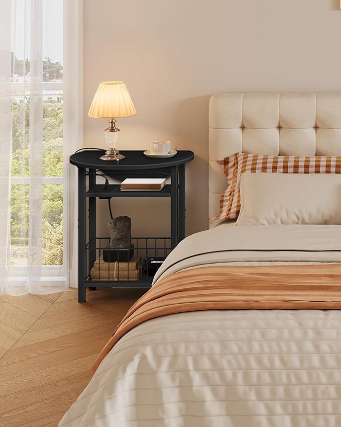 Side Table with Charging Station, Folding Side Table with Storage, 3-Tier Narrow End Table with Folding Top, Small Side Table for Small Spaces, for Living Room, Bedroom, Black TBZ10UBB