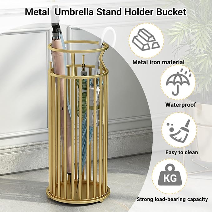 Metal Umbrella Stand with Hooks, Commercial Umbrella Holder & Storage Rack Organizer, Floor Standing Umbrella Bucket for Home, Hotel, Lobby & Entryway Decor.(Gold)