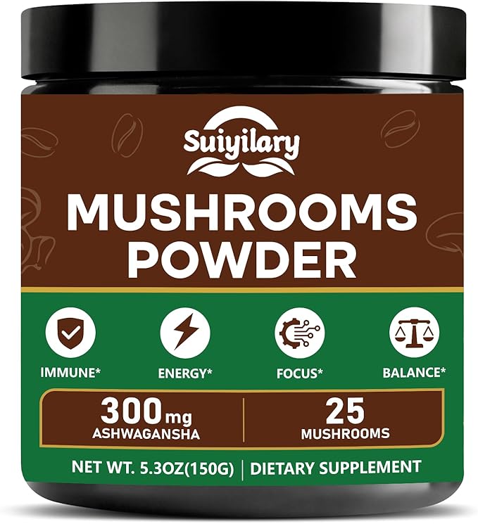 25 in 1 Mushroom Powder, Mushroom Coffee Alternative with Ashwagandha, Lion’s Mane, Chaga & More, Keto Friendly, Sugar Free, Mushrooms Extract Supplement for Immune, Focus & Energy, 60 Servings