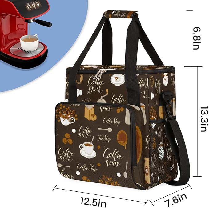 Retro Coffee Maker Carring Bag Tea and Coffe Travel Carrying Storage Tote Bag Compatible with Keurig K-Mini or K-Mini Plus Portable Single Serve Coffee Brewer Case with Pockets for K-cup Pods