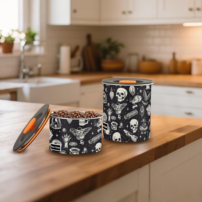 ALAZA Skull Witchy Kitten Cats Airtight Coffee Bean Canister Customed 900ml Food Storage Containers with Lids For Gournd, Tea, Sugar, Flour, Rice, Cereal, Candy Cookie Jar