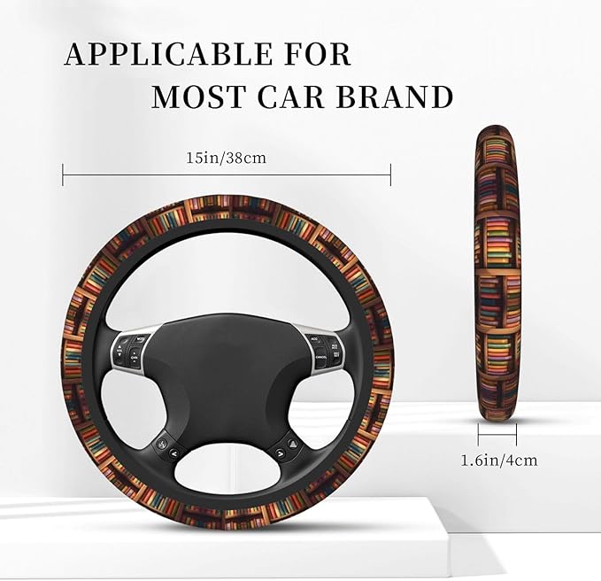 Neoprene Steering Wheel Cover Vintage Library Bookshelf Car Steering Wheel Cover Universal Fit for Most Cars