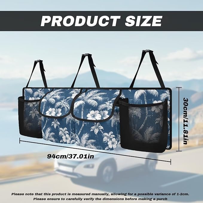 Car Trunk Organizer, Backseat Hanging Organizer with Pockets, Super Capacity -Trunk Storage Bag Decoration for SUV,Truck,Van,Blue White Palm Tree Floral Tropical