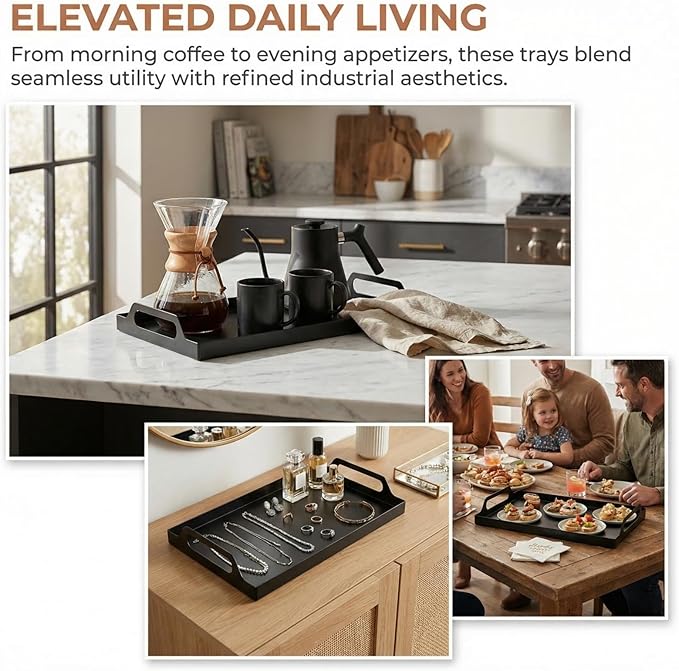 Peohud 2 Pack Black Metal Serving Tray, Decorative Coffee Table Tray with Handles, Vanity Platter Breakfast Tray for Eating, Storing, Bedroom, Kitchen, Living Room, Bathroom