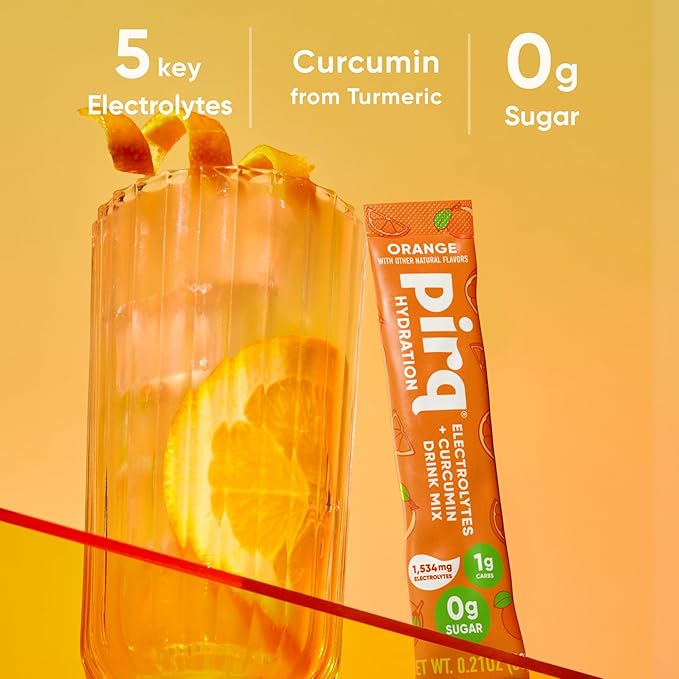 Pirq Hydration - Orange - Hydration Powder Packets | Electrolyte Drink Mix | Curcumin | B Vitamins | Zero Sugar | Keto Friendly | 10 Sticks