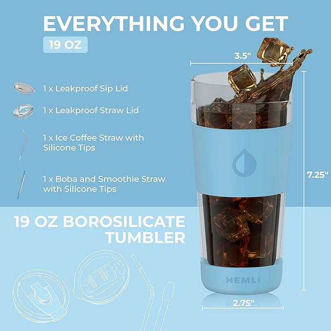 19 oz. Double Wall Glass Coffee Tumbler, To Go Travel Mug with Lid, Portable Glass Thermos with Straw, Reusable Cup, Tea, Smoothies, Ice Coffee, and Boba