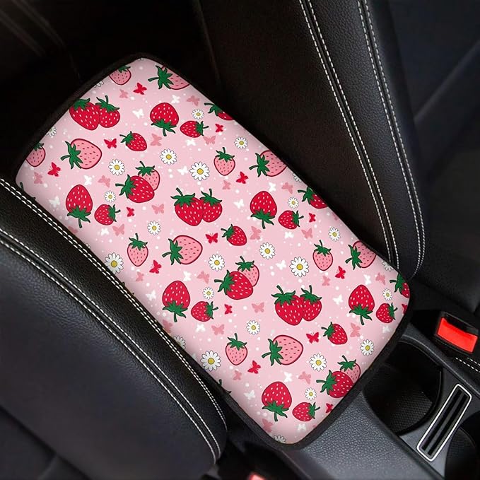 Horeset Pink Strawberry Car Center Console Covers Auto Accessories Anti-Scratch Non-Slip Arm Rest Cushion Protector Fit SUV Sedan Truck
