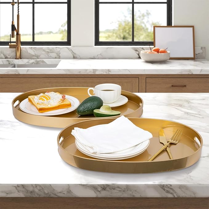MAONAME Gold Serving Trays with Handles, Oval Decorative Tray for Coffee Table, Nesting Trays Set of 2, Plastic Vanity Tray for Ottoman, Living Room