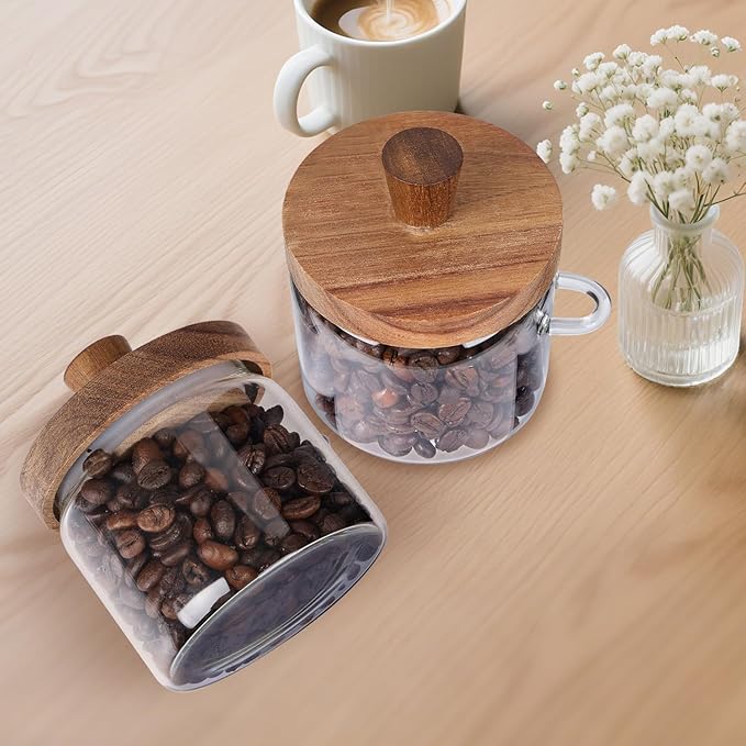 Glass Coffee Bean Storage Container, Wood Lid with Spoon, Airtight Silicone Seal, BPA-Free (400ML/13.53OZ)