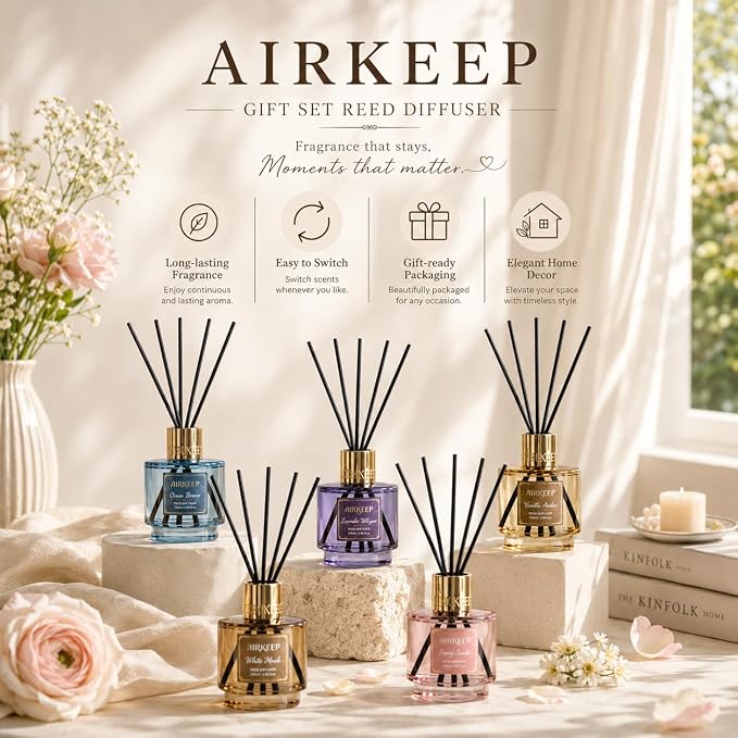 Airkeep Reed Diffuser Set with Refill & 8 Reed Sticks, 6.96 fl oz Pink Sands Home Fragrance, Long Lasting Aromatherapy Diffuser for Bedroom, Bathroom & Living Room