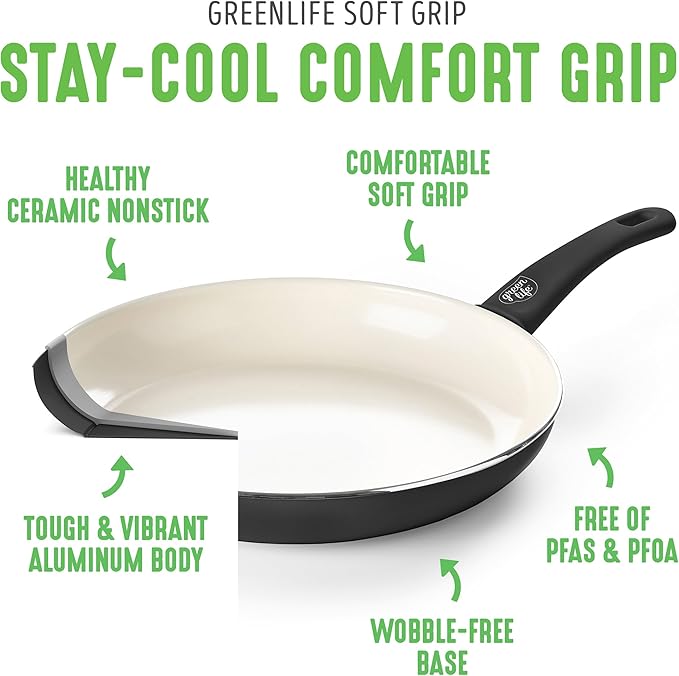 GreenLife 6QT Ceramic Nonstick Stockpot with Glass Straining Lid, PFAS-Free, Dishwasher Safe, Stay-Cool Handles, Oven Safe to 350°F, Wobble-Free Base, Even Heating, Black