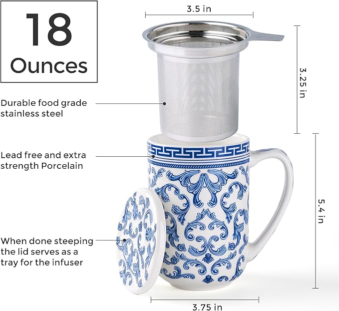 AmorArc Porcelain Tea Mug with Infuser and Lids, 18 Oz Large Cup Strainer with Bag Holder for Loose Leaf Tea, Steeping Coffee Mug for House-Warming Wedding Birthday Gift