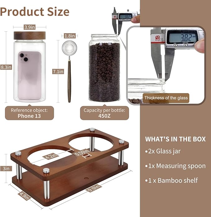 Glass Coffee Grounds Container with Shelf, 2 × 45 oz Glass Coffee Canisters with Airtight Thread Lid, Storage Jars with Stainless Steel Spoon for Coffee Bean, Sugar,Nut