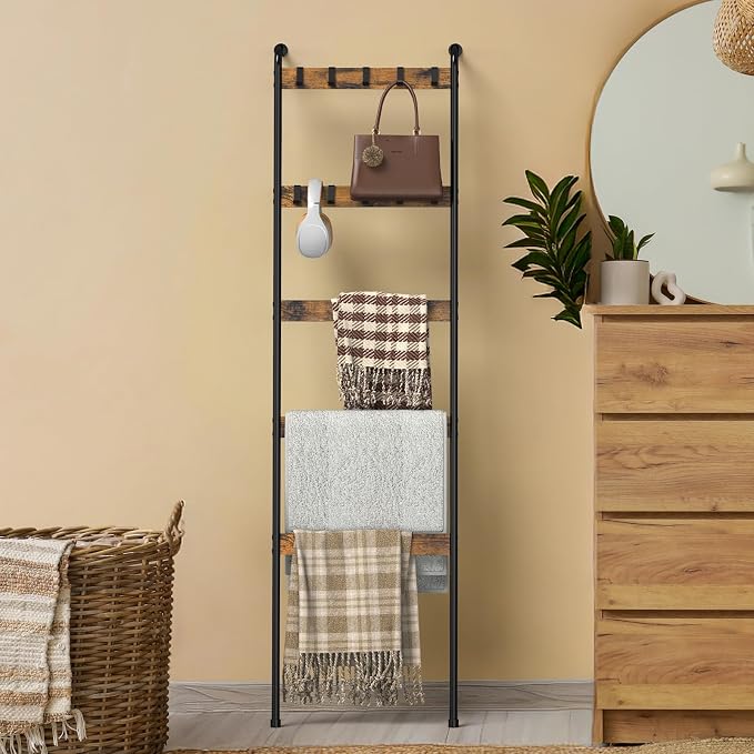 Blanket Ladder for Living Room Towel Ladder for Bathroom Decorative Quilt Rack for Home Decor 5-Tier Throw Blanket Holder with 10 Hooks, Rustic Brown and Black