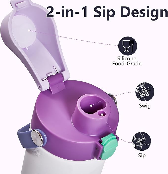 2 IN 1 Replacement Lid for Owala Freesip, Compatible with Owala Cup 16oz 24oz 32oz 40oz, One Button Water Bottle Top Lid Replacement Accessory and Straws, Leakproof, BPA-Free, Purple Pink