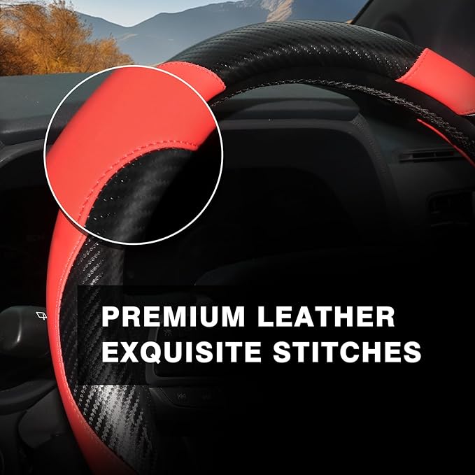 ZHOL Carbon Fiber Leather Car Steering Wheel Cover, Non-Slip, Safe, Breathable, Durable, Full Coverage, Sporty Style (Black and Red)
