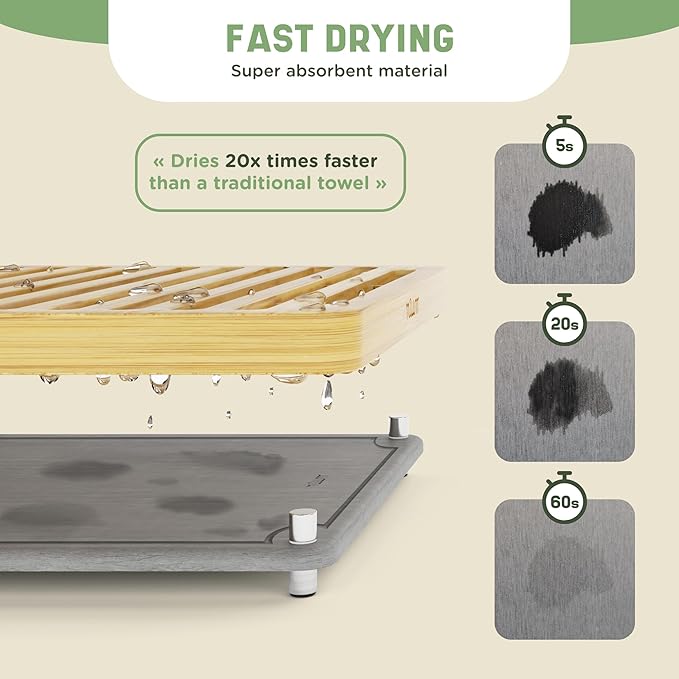 NIUM Stone Drying Mat for Kitchen Counter & Bamboo Rack - 16″x12″ - Diatomaceous Earth Dish drying mat Ultra Absorbent & Fast Drying - EcoFriendly with Non-Slip Pads & Anti-Moisture Design