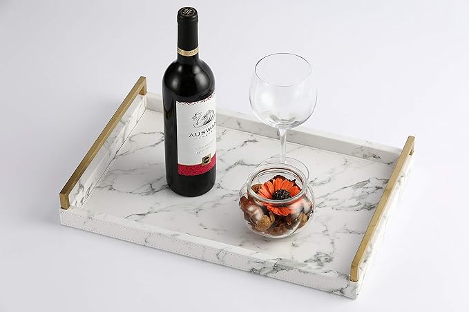 WV 17.8 * 11.8" White PU Leather Marble Finish Decorative Tray Serving Tray with Brushed Gold Handle for Coffee Table, Console Table, Ottoman