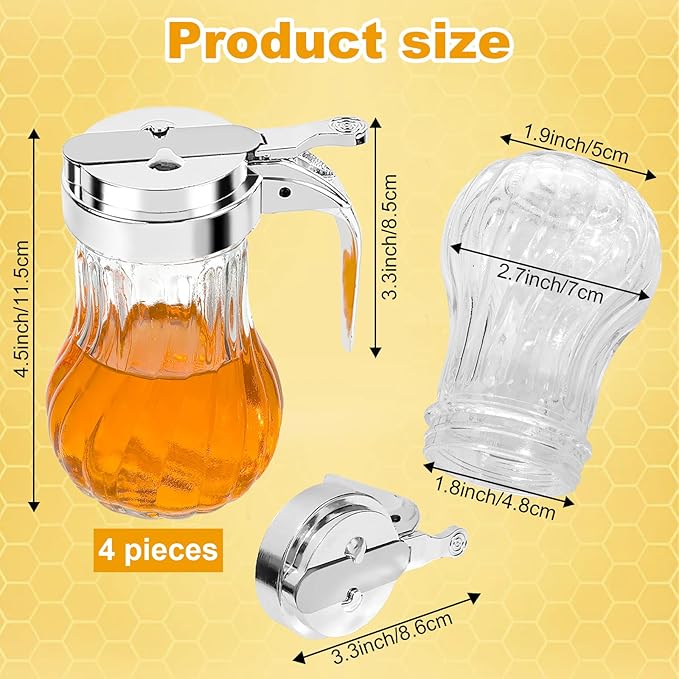 4Pcs 8oz Syrup Dispenser Honey Pot Glass Honey Dispenser Jar, Maple Syrup Dispenser, Honey Container, Commercial Quality With Handle Honey Dispenser for Home Kitchen Storage (4, Twill weave 4 Pack)