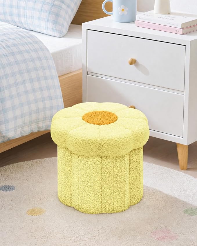 B FSOBEIIALEO Storage Ottoman Foldable, Sunflower Shaped Small Footrest Collapsible Folding Seat Bench for Bedroom Living Room Entryway, Faux Teddy Fur, Yellow 12.6"x12.6"x11.4"