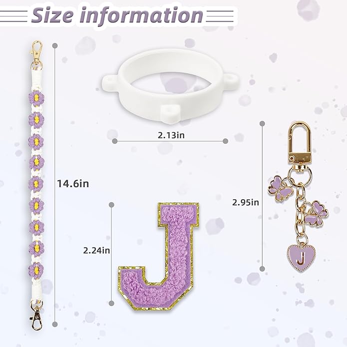 Compatible with Owala Water Bottle Accessories, Cute Letter Charm Set with Boho Handle Strap, Monogram Sticker, Silicone Ring, Keychain Decoration, for FreeSip 24 32 40oz, Owala Kids, Tumbler Gift