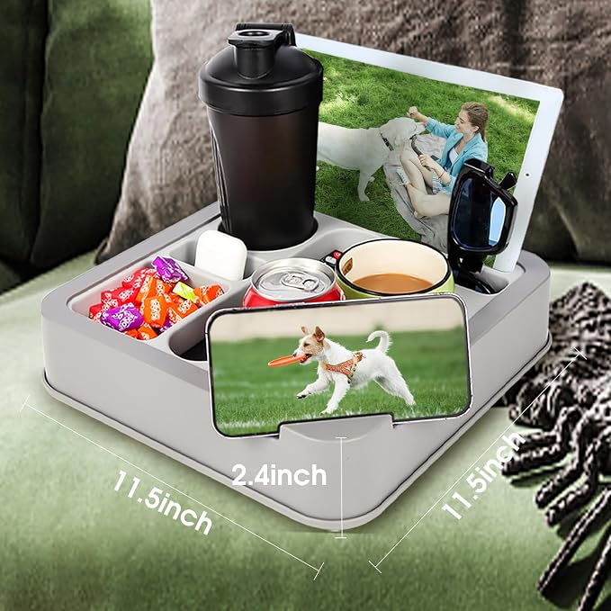 Couch Cup Holder Bed Caddy Couch Caddy Couch Tray Cup Holder for Couch,Couch Caddy with Cup Holder for Remote Phone Tablet Beverage Snack Gray.