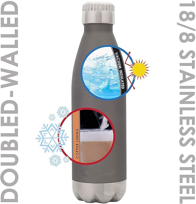 Sweat-free Stainless Steel Reusable Water Bottle (17 oz) Vacuum Insulated Copper Lined Double-Wall | Keeps Liquids Cold for 24 hrs, Hot for 16 hrs | Eco-friendly, Portable, Leakproof (Graphite)