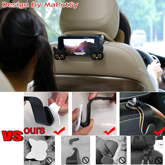 Car Seat Headrest Hooks,2 Pack Black Cute Cartoon Cat Hook 360° Rotation Heavy Duty Car Purse Hook Hanger for Bags, Coats, Umbrellas, Groceries, Universal Vehicle Fit