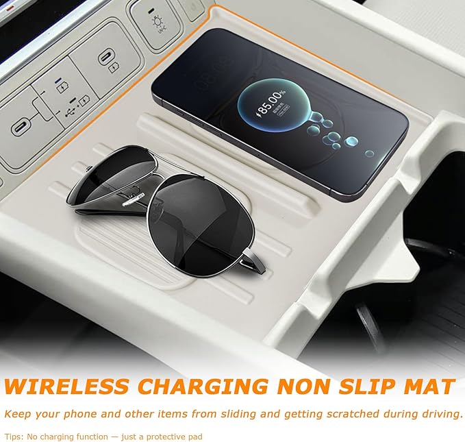 Wireless Charging Protective Pad for 2024 2025 2026 Hyundai Santa Fe Center Console Cover Wireless Non Slip Mat Accessories Car Cordless Charger Heat Insulating Silicone Material Easy to Clean -White