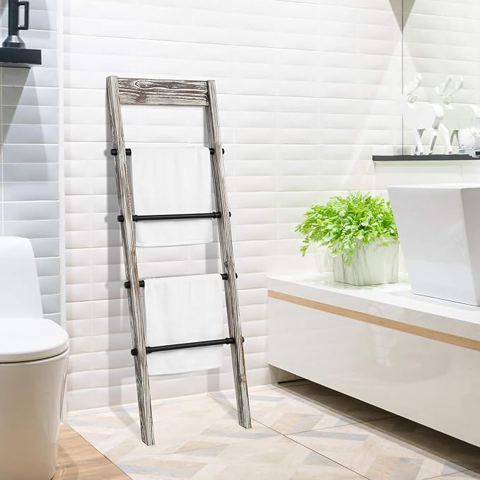 MyGift Blanket Ladder Wooden, Blanket Quilt Holder Rack Decorative Ladder with Metal Pipe Rungs, Easy Assembly, Rustic Farmhouse Ladder Shelf for The Living Room Bedroom Bathroom