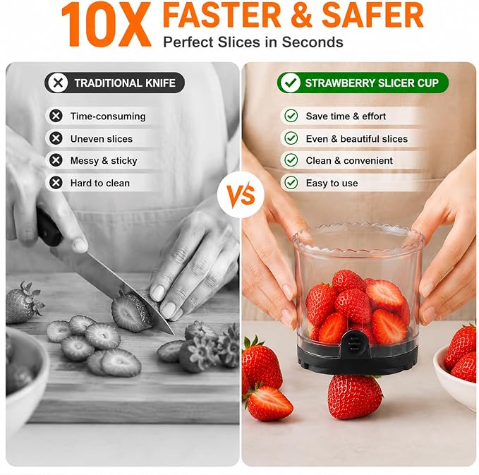CUNSENR Strawberry Slicer, Fruit Slicer Cup with Stainless Steel Blades, Detachable Strawberry Cutter & Fruit Cutter for Strawberries, Banana, Egg, Cucumber, Mushroom, Quick Meal Prep - Black