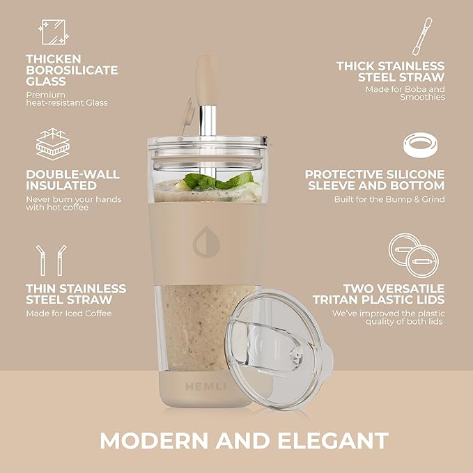 19 oz. Clear Double Wall Glass Coffee Tumbler, To Go Glass Travel Mug with Lid and Straw, Reusable Cup Tea, Smoothies, Ice Coffee, and Boba (White Biege)