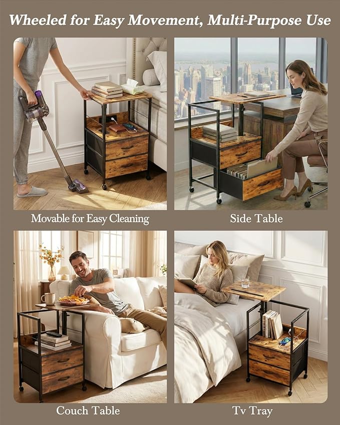 Faesun Swivel Lift Top Nightstand with Charging Station, Rolling Side Table for Recliner, Bedside Table with Wheels & 2 Fabric Drawers, for Small Spaces, for Bedroom, Living Room, Brown
