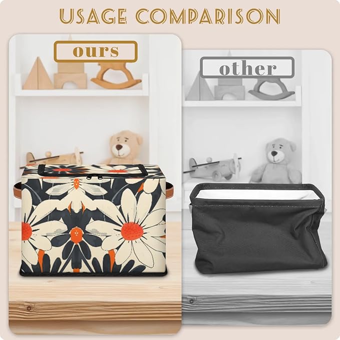 Orange Flowers Storage Bins With Zipper Lid, Collapsible Trunk Organizer, Car Organizers and Storage Bins with Lids, Decorative Storage Boxes with Handle, Home Storage Baskets for Organizing