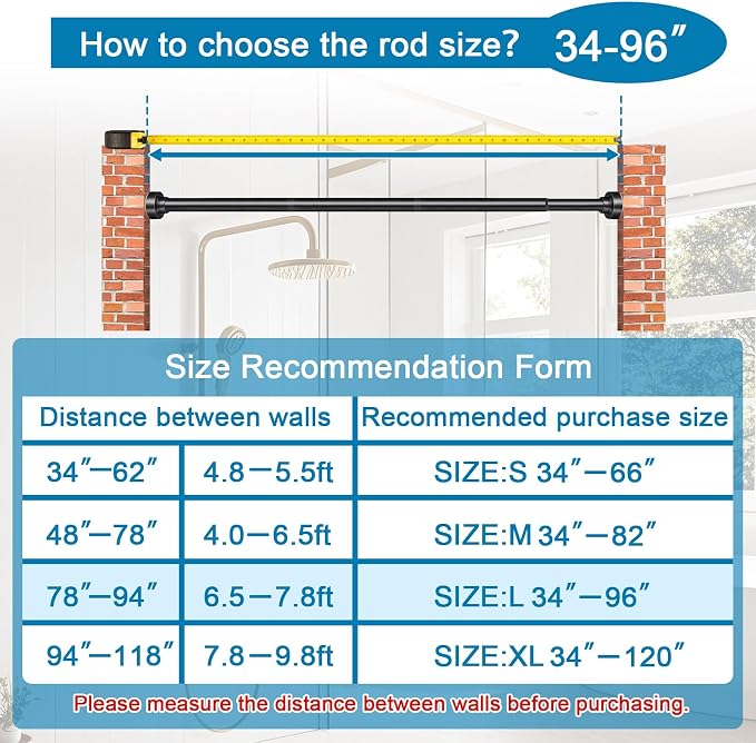 YNL Shower Curtain Rod 34-96 Inches(2.8-8ft), Adjustable Shower Rod No Drilling, Non-Slip, Never Rust, Stainless Steel, Suitable for Bathroom Window, Matte Black
