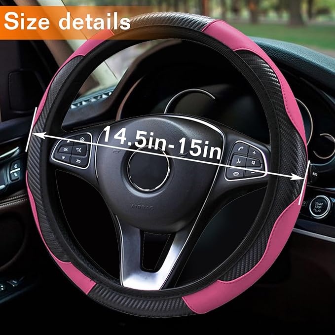 Car Steering Wheel Cover, 15 inch Carbon Fiber Microfiber PU Leather Elastic Steering Wheel Protector for Unisex, Anti-Slip Breathable Car Interior Accessories for Most Cars (Pink)