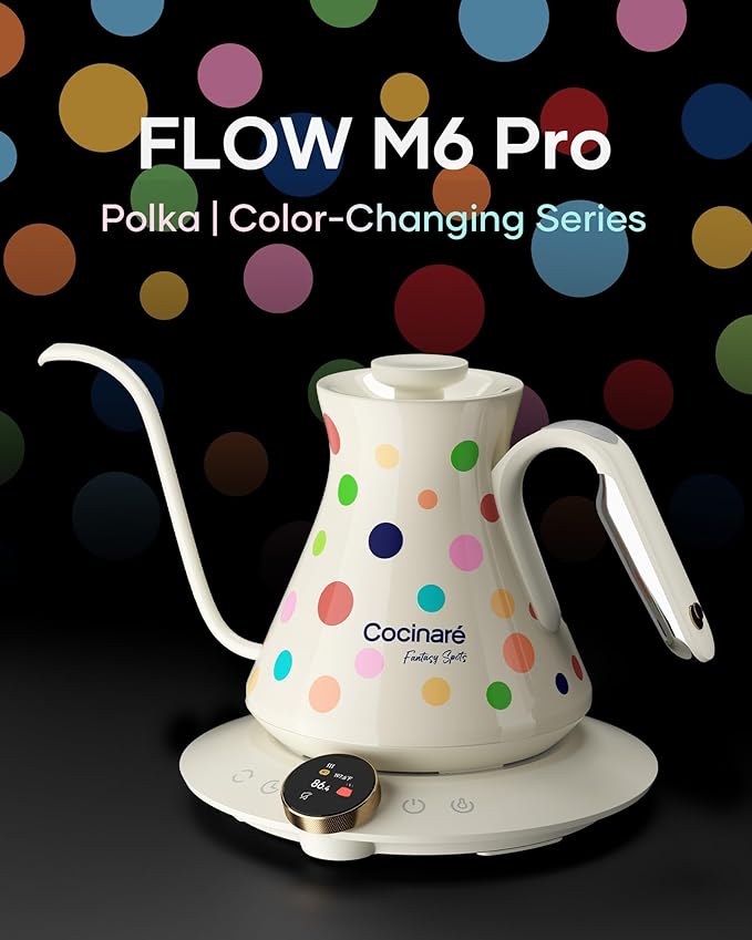 Cocinare Color-changing Collection Polka Gooseneck Electric Kettle, ±0.5℉ Precise Temperature Control for Pour-Over Coffee & Tea, Quick Heating 1500W, Stainless Steel Interior, 0.9L