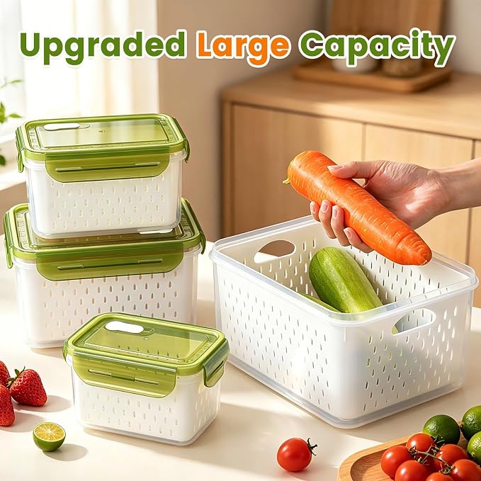 TBMax 8 Pieces Airtight Fruit Storage Containers for Fridge with Air Circulation Vent, 4 Pack Produce Saver with Colander for Berry Lettuce Salad Vegetable Storage, Refrigerator Organizers- Green