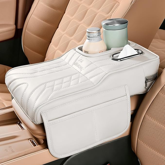 Car Center Console Armrest Pillow, 13.4"×7.5"×2" Leather Auto Arm Rest Cover with Pocket & Tissue Box & Cup Holder, Multifunctional Vehicle Armrest Cushion Pad, Car Accessories (White)