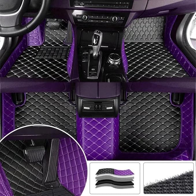 Custom Making Car Floor Mats for 90% Car Model Luxury Leather All Weather Waterproof Anti-Skid Full Coverage Liners (Black and Purple)