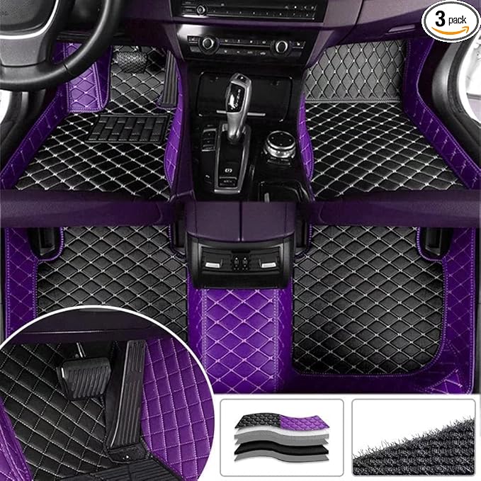 Custom Fit Car Floor Mats - Full Coverage Automotive Leather Floor Liners for Most Vehicles by MingyunSM (Black & Purple)