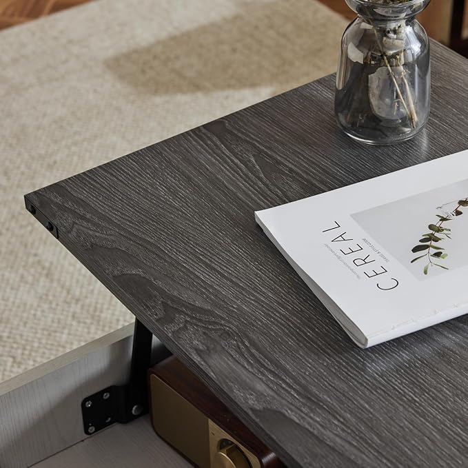 VINGLI Farmhouse Lift Top Coffee Table, Rustic Grey with Storage Shelf/Hidden Compartment, Mesa De Centro para Sala, Rustic Brown (White Charcoal, 40" L)