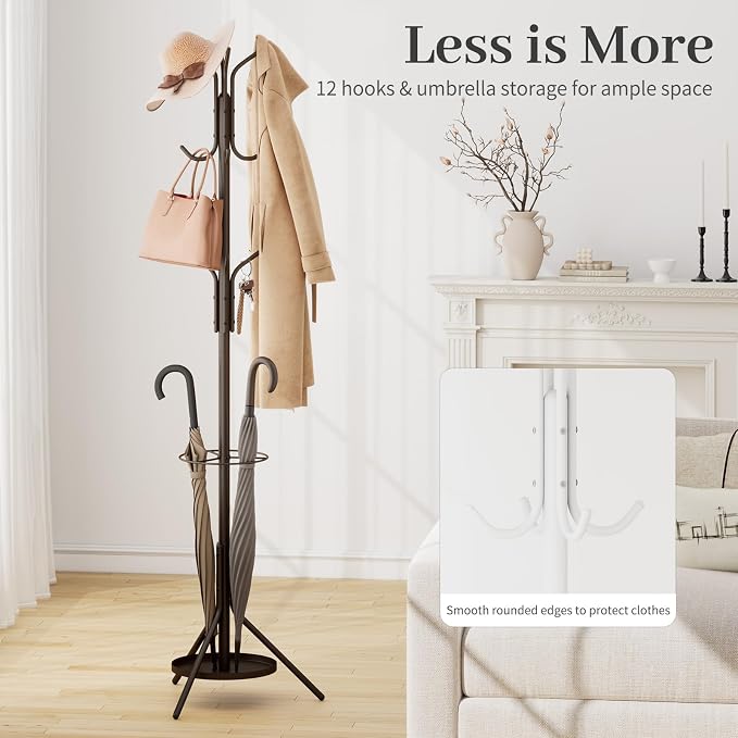 Kitsanery Coat Rack Freestanding,Metal Coat Tree with Umbrella Holder,Hat and Coat Rack Stand for Entryway, Hallway, Living Room, Bedroom (Brown)