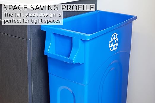 United Solutions Highboy Recycling Bin, 23 Gallon, Space Saving Slim Profile and Simple Bag Removal, Indoor or Outdoor Use, Integrated Handles for Easy Carrying, 4-Pack, Plastic, Recycle Blue