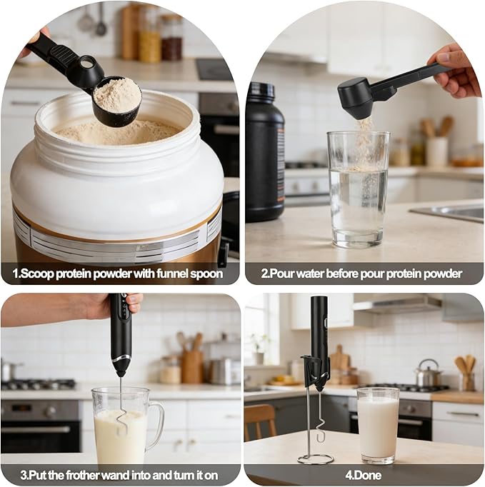 Juome Frother for Protein Powder - Rechargeable 4-in-1 Protein Mixer Wand Set, Protein Powder Scoop Funnel, Waterproof Electric Drink Frother Wand for Milk, Coffee, Lattes, Matcha & Creamer (Black)
