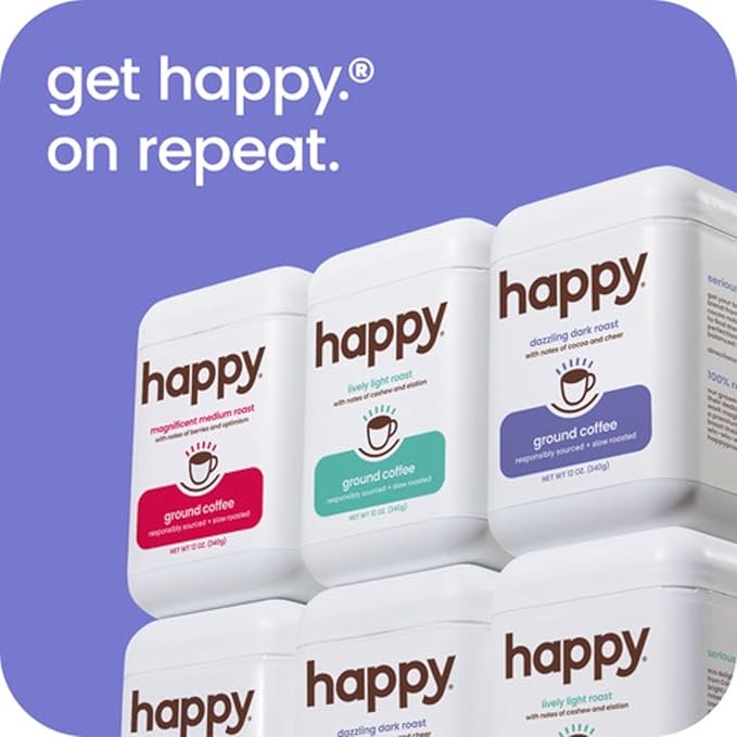 happy coffee dark roast ground coffee, 12 oz 2 pack., notes of cocoa & cheer, recyclable container, grown & harvested in Brazil, Rwanda & Colombia