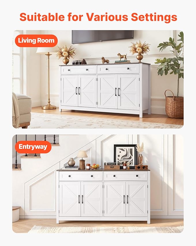 VEVOR Buffet Cabinet, Farmhouse Sideboard Cabinet with Drawer, Coffee Bar Cabinet with 4 Barn Door, Sideboard Buffet Station for Living Room, Entryway, Kitchen, 55.1 x 15.5 x 31.5 in, White